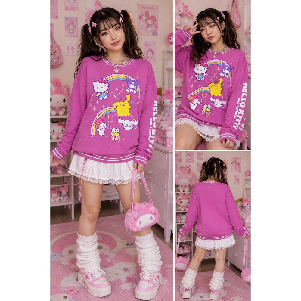 Hello Kitty Sweatshirt XL Pink Sanrio Rainbow Graphic Crewneck Oversized Kawaii